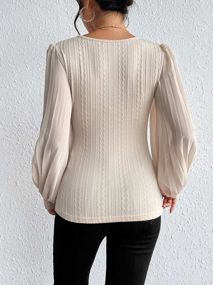 Pleated Puff Sleeve Round Neck Blouse - nailedmoms