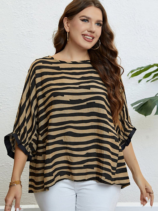 Plus Size Striped Three-Quarter Sleeve Boat Neck Top - nailedmoms