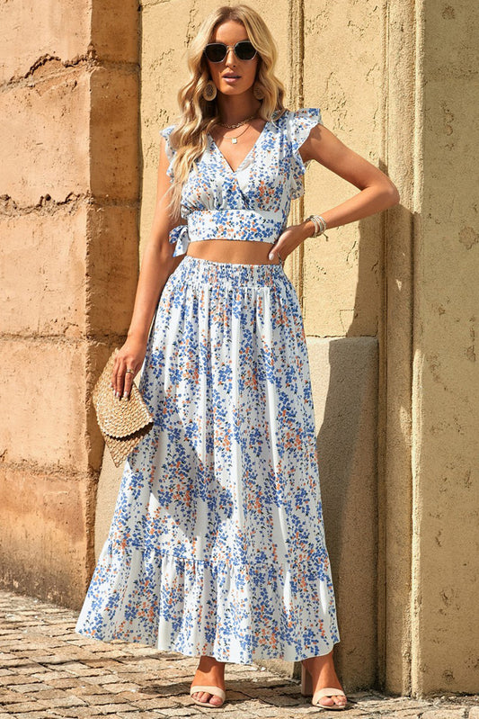 Printed Tie Back Cropped Top and Maxi Skirt Set - nailedmoms
