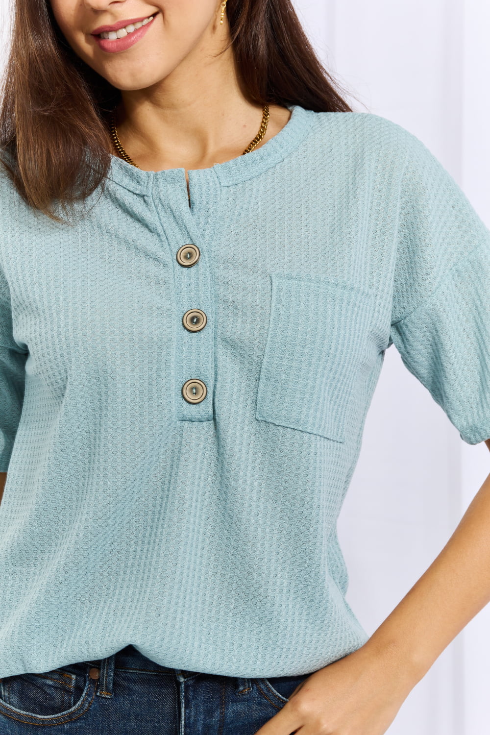 Heimish Made For You Full Size 1/4 Button Down Waffle Top in Blue - nailedmoms