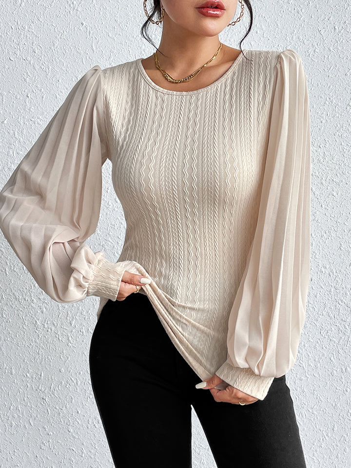 Pleated Puff Sleeve Round Neck Blouse - nailedmoms