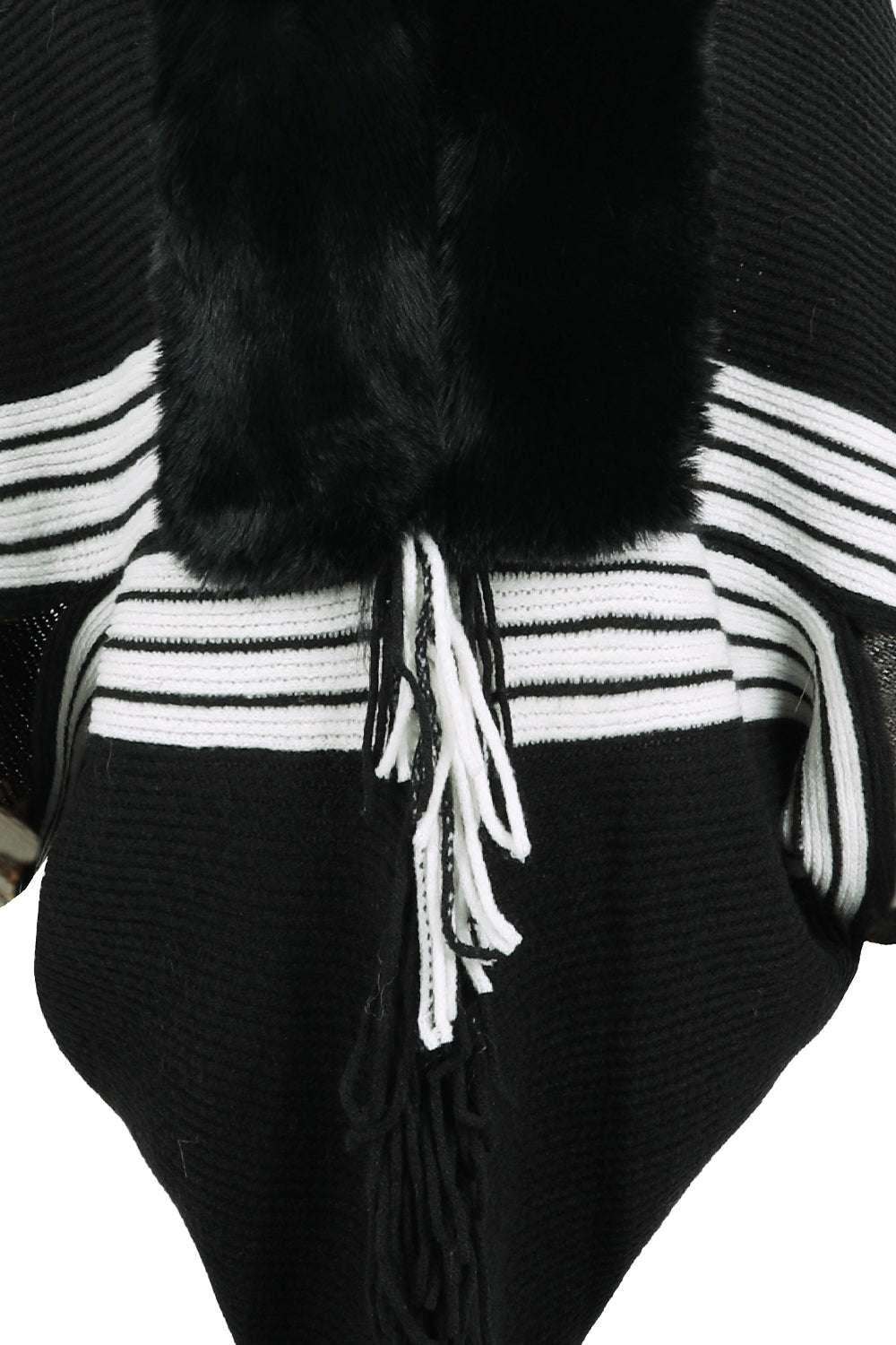 Striped Fringe Detail Long Sleeve Poncho - nailedmoms