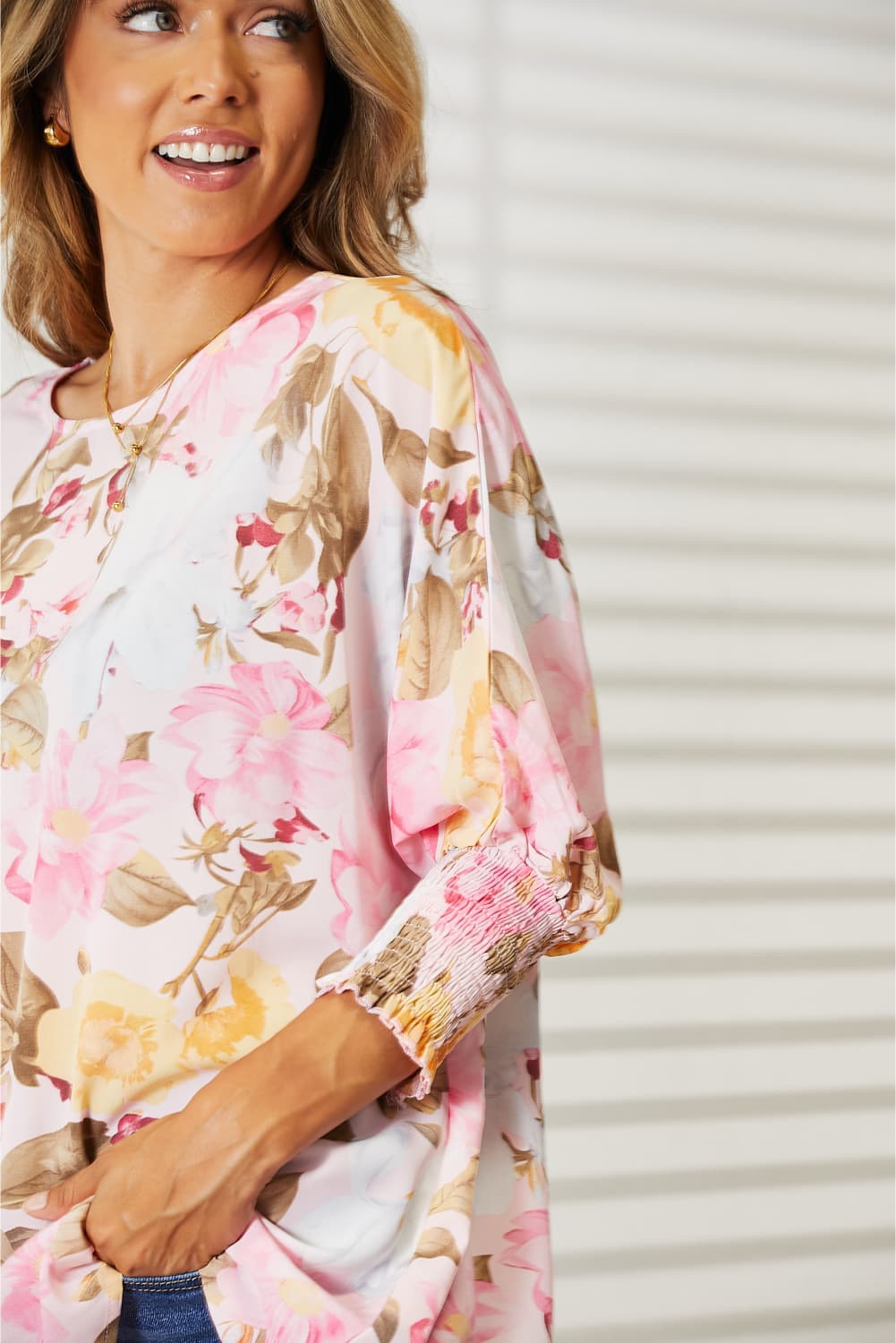 Double Take Floral Round Neck Three-Quarter Sleeve Top - nailedmoms