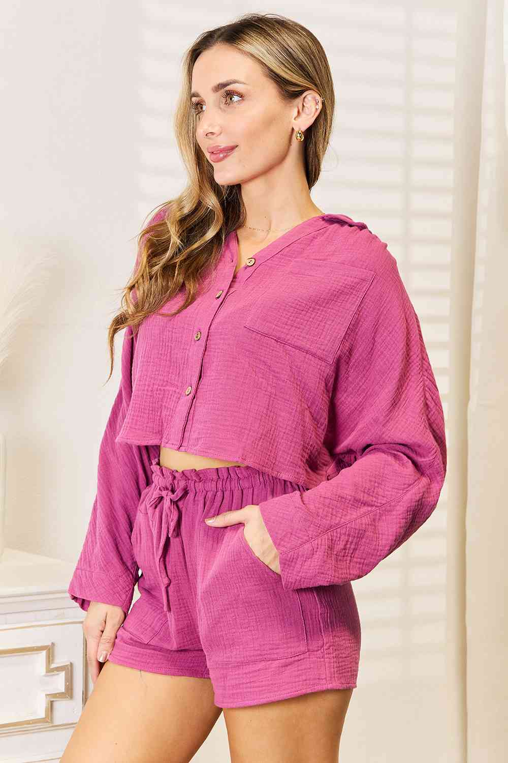 Basic Bae Buttoned Long Sleeve Top and Shorts Set - nailedmoms