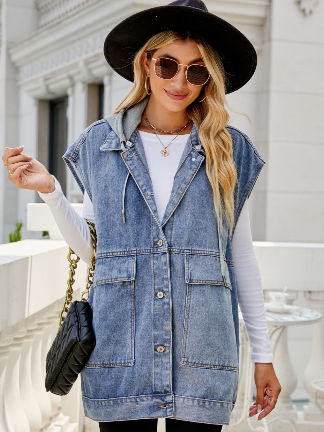 Hooded Sleeveless Denim Top with Pockets - nailedmoms