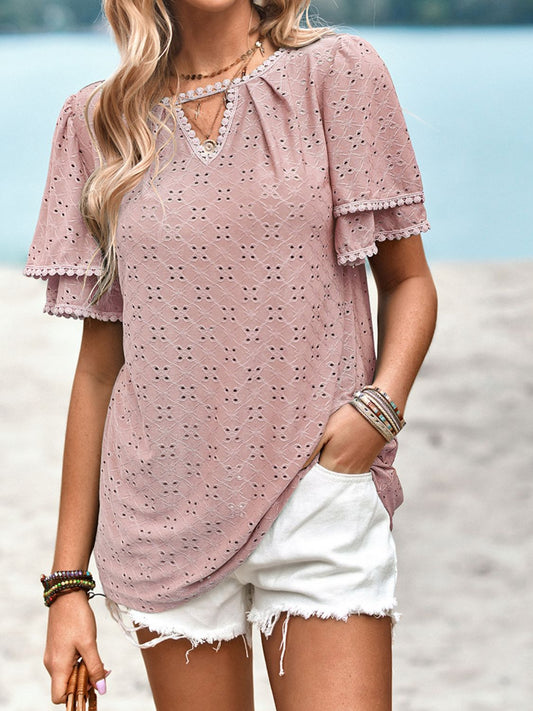 Eyelet Round Neck Puff Sleeve Blouse - nailedmoms