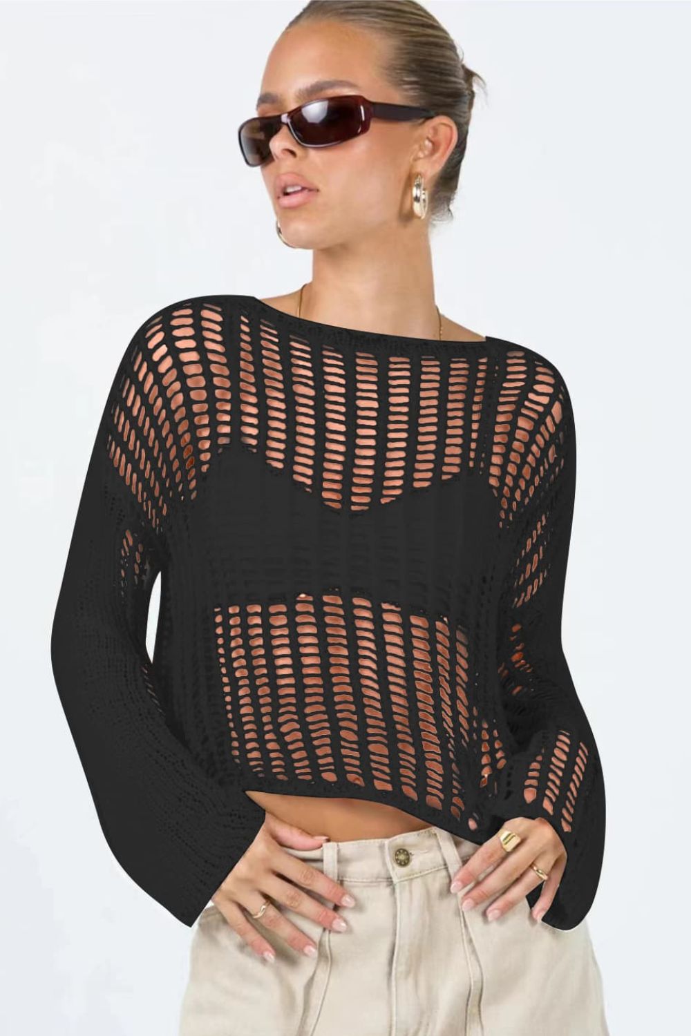 Openwork Boat Neck Long Sleeve Cover Up - nailedmoms