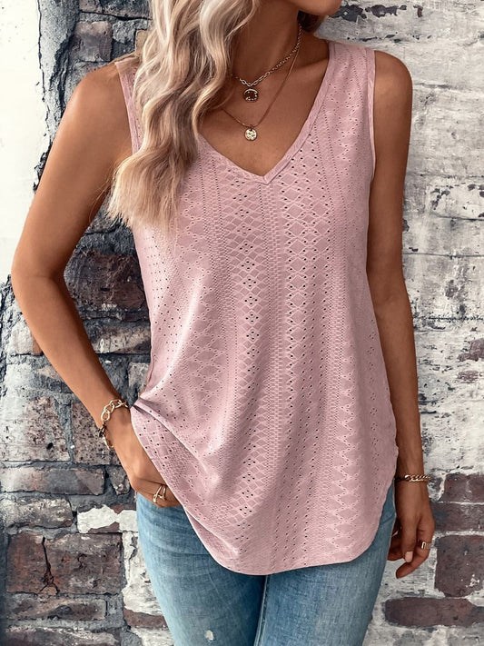 Eyelet V-Neck Curved Hem Tank - nailedmoms