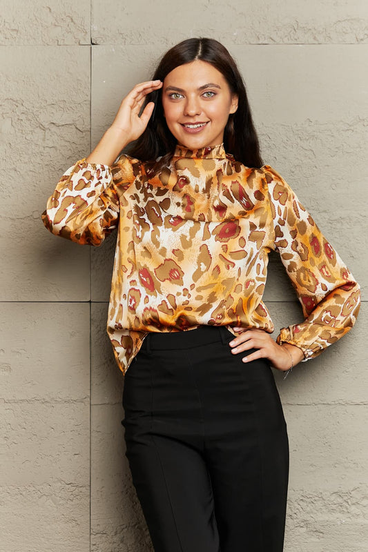 Printed Mock Neck Long Sleeve Blouse - nailedmoms