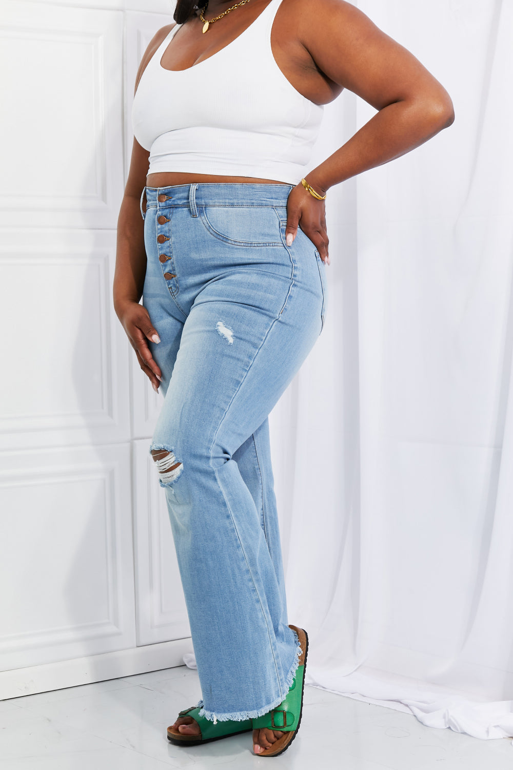 Vibrant MIU Full Size Jess Button Flare Jeans - nailedmoms
