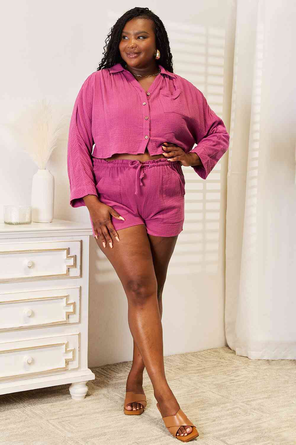 Basic Bae Buttoned Long Sleeve Top and Shorts Set - nailedmoms