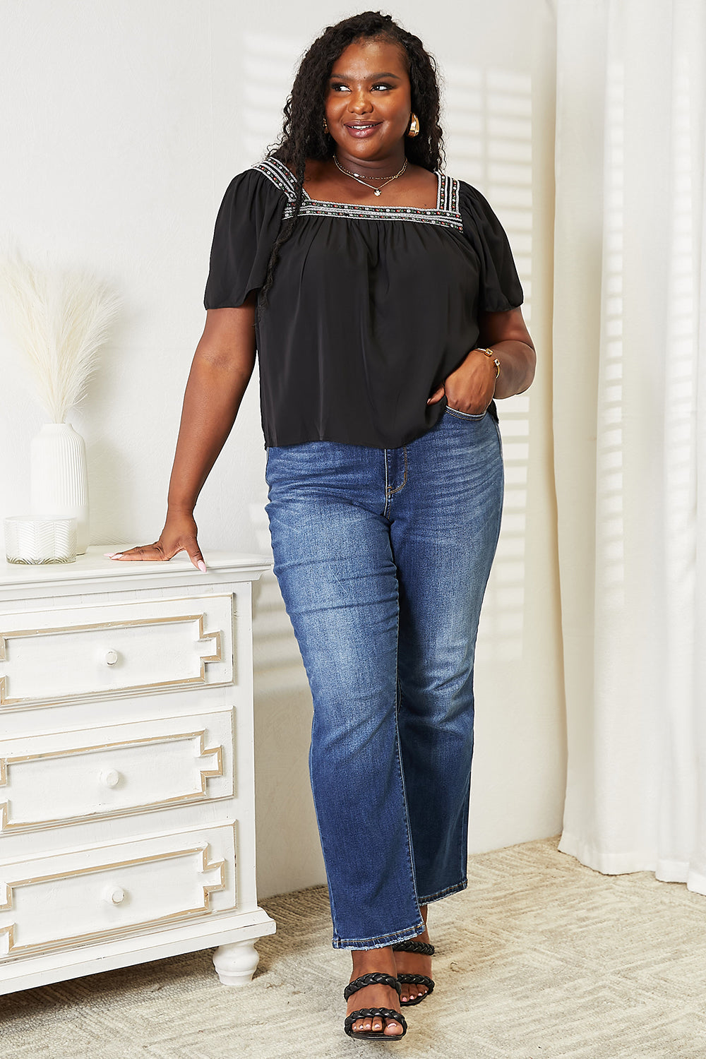 Double Take Contrast Square Neck Puff Sleeve Blouse - nailedmoms