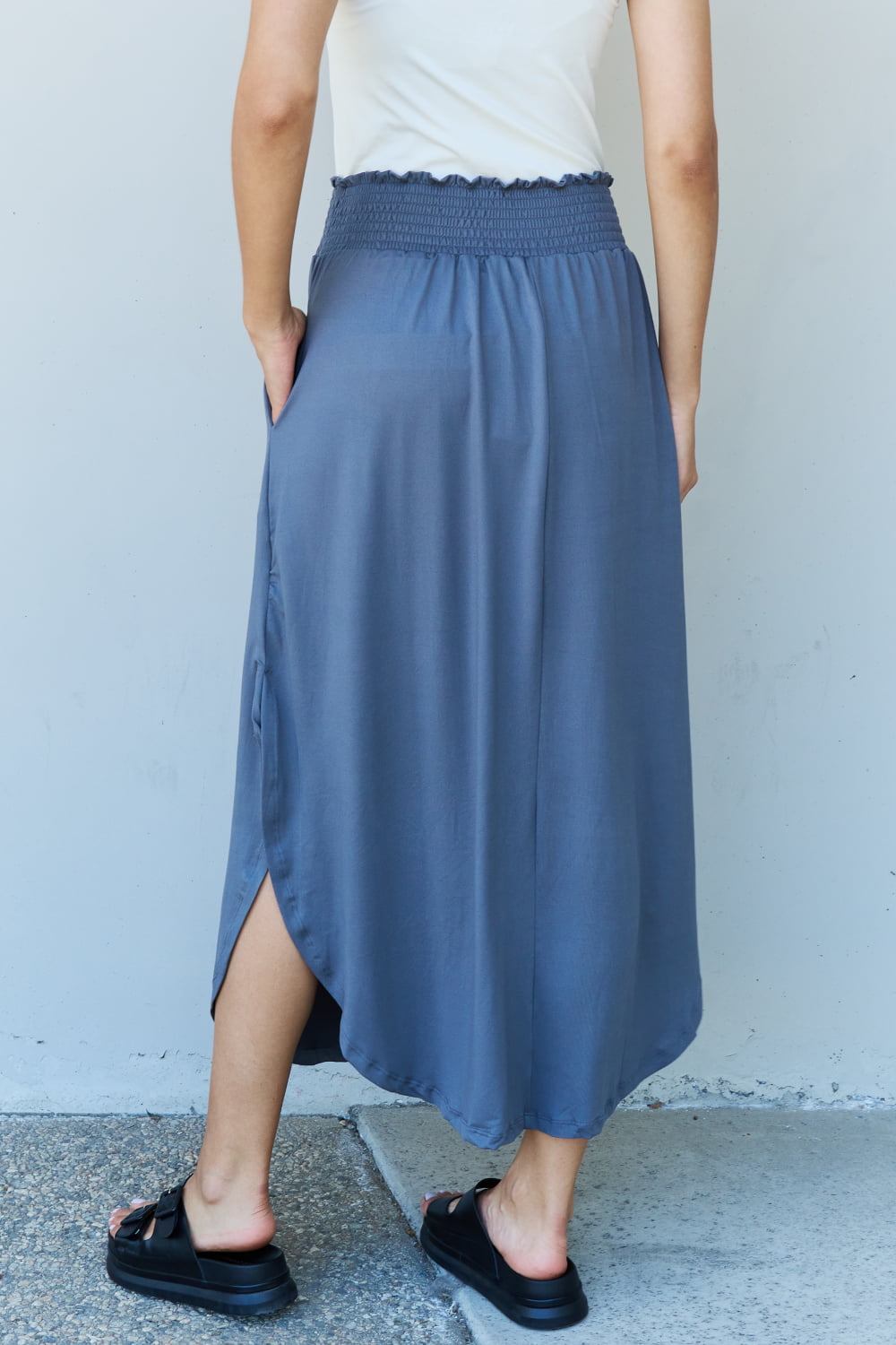 Doublju Comfort Princess Full Size High Waist Scoop Hem Maxi Skirt in Dusty Blue - nailedmoms