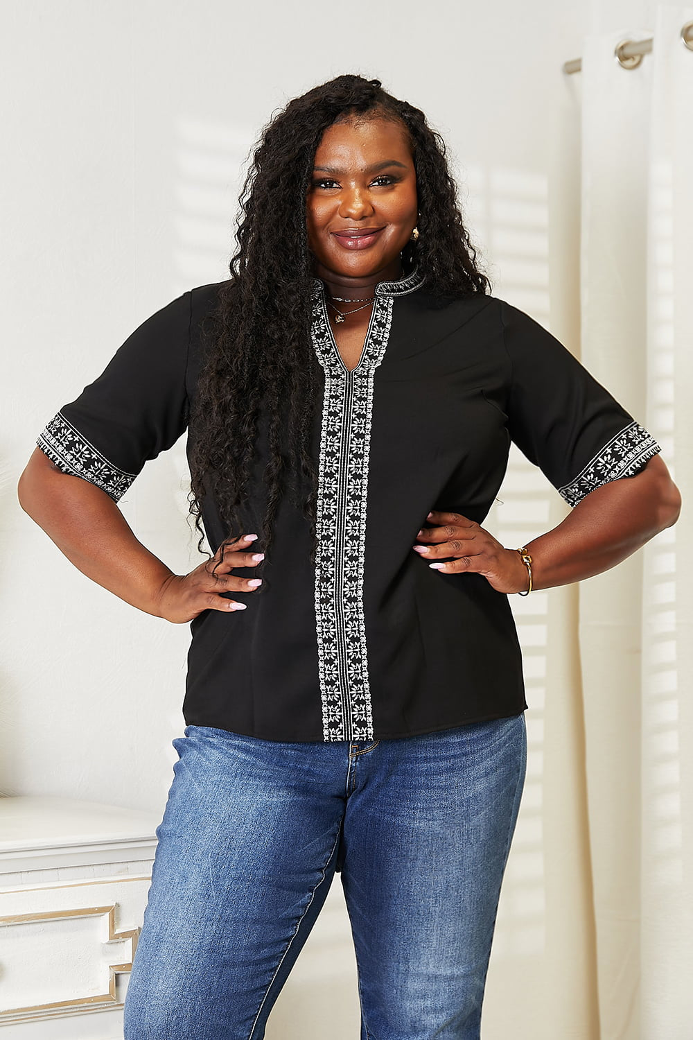 Double Take Embroidered Notched Neck Top - nailedmoms