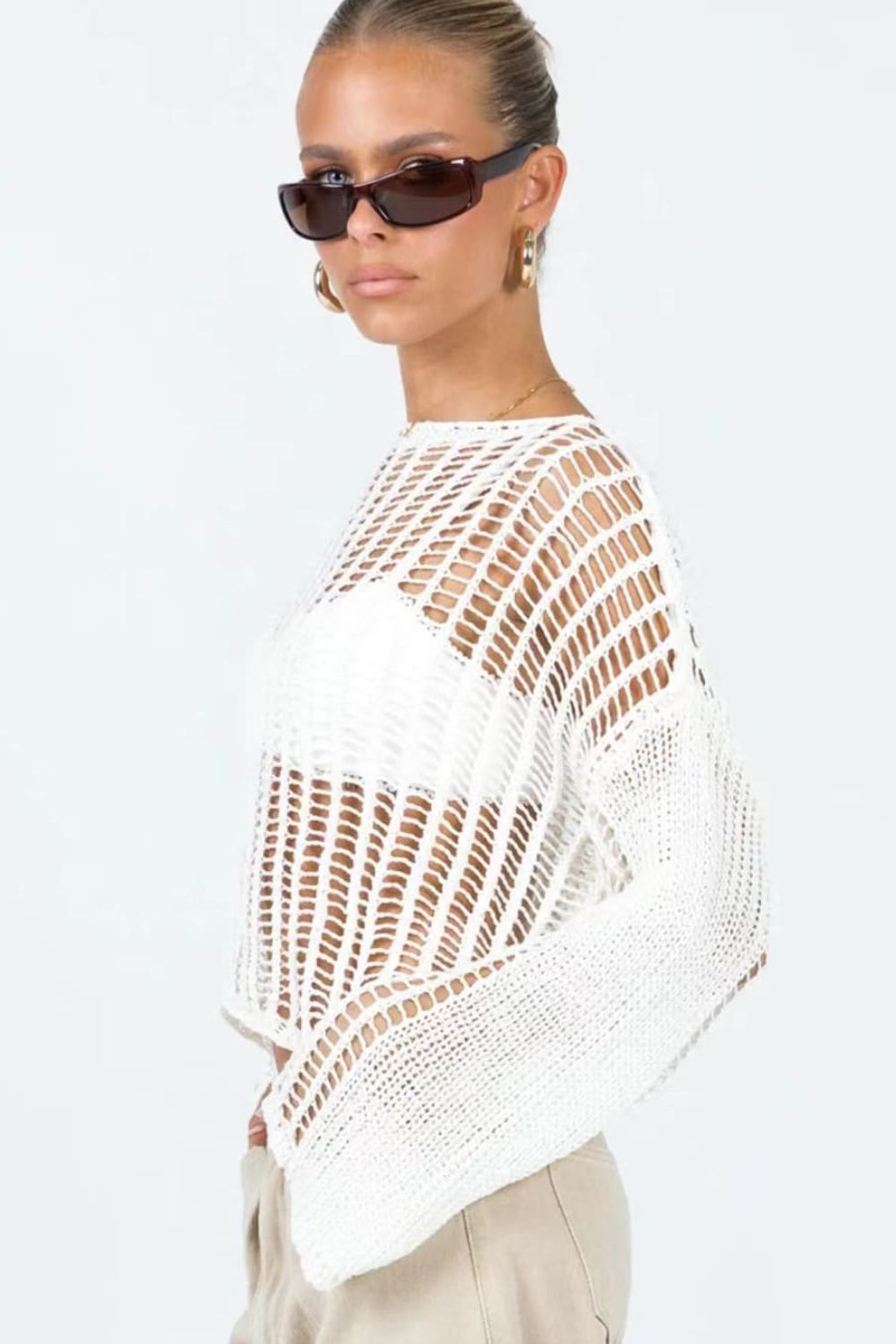 Openwork Boat Neck Long Sleeve Cover Up - nailedmoms