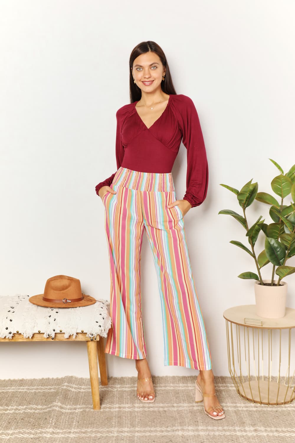 Double Take Striped Smocked Waist Pants with Pockets - nailedmoms