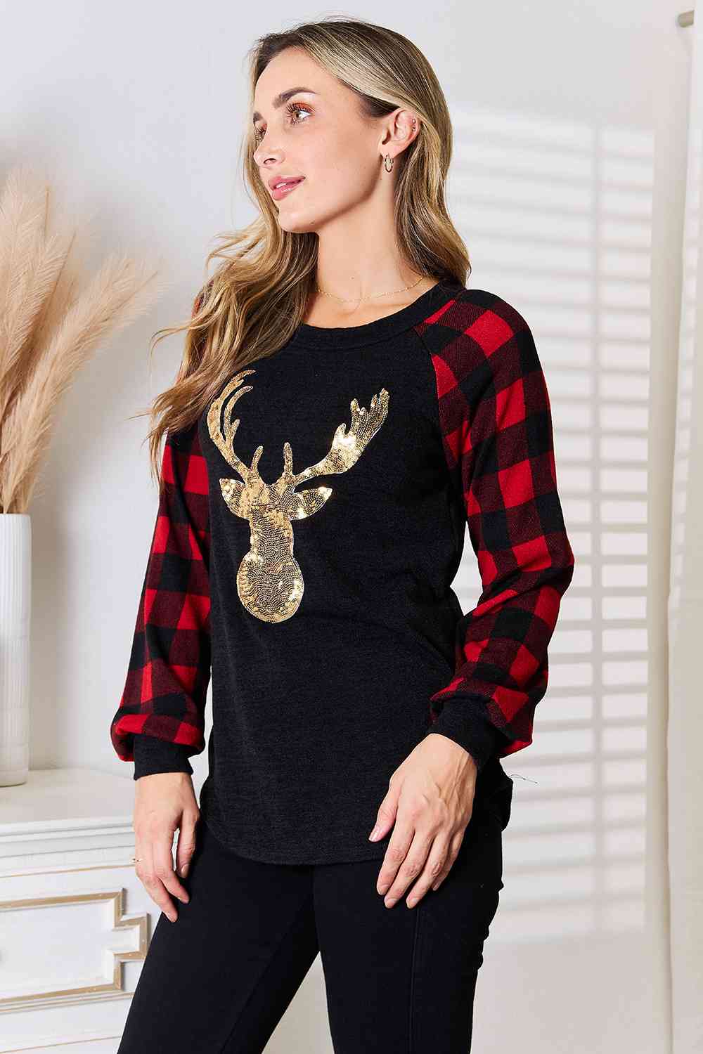 Heimish Full Size Sequin Reindeer Graphic Plaid Top - nailedmoms
