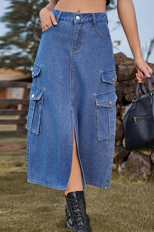 Slit Front Midi Denim Skirt with Pockets - nailedmoms