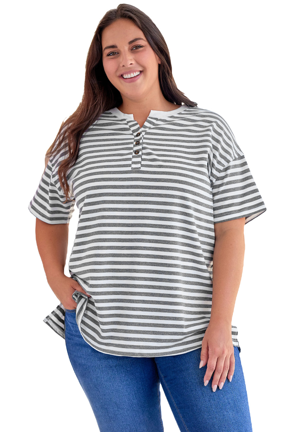 Plus Size Striped Notched Neck Short Sleeve Tee - nailedmoms