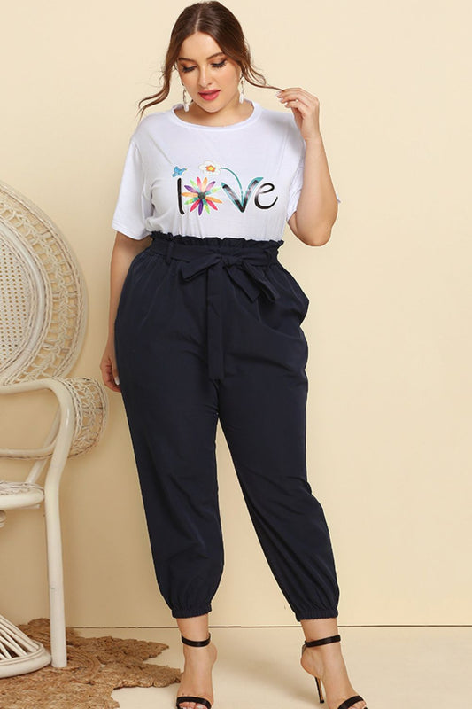 Graphic Tee and Belted Paperbag Joggers Set - nailedmoms