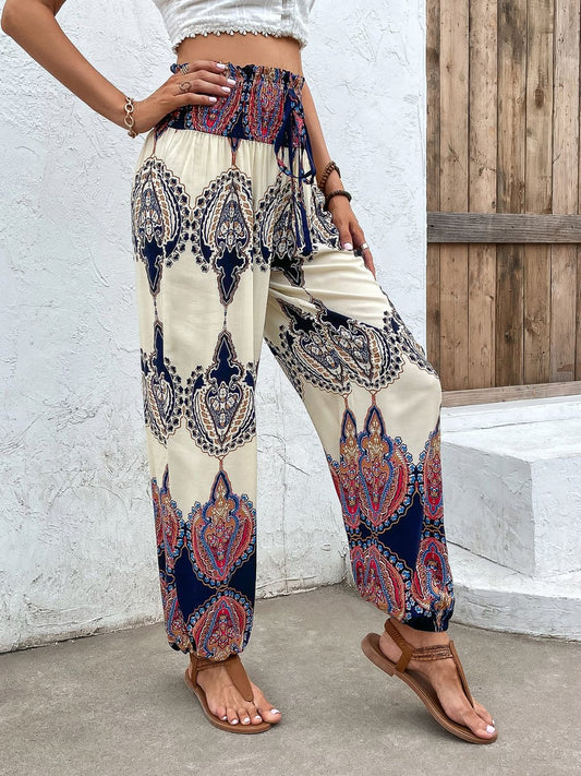 Printed Smocked High Waist Pants - nailedmoms